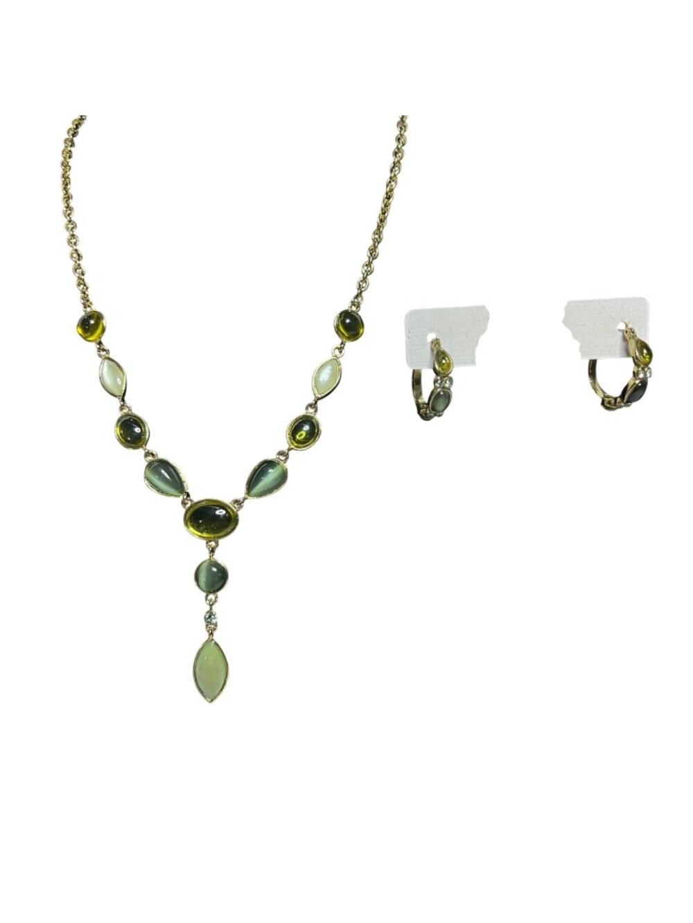 Gold Tone, Green And Yellow Y Drop Necklace And Pierced Earrings Set (6520)